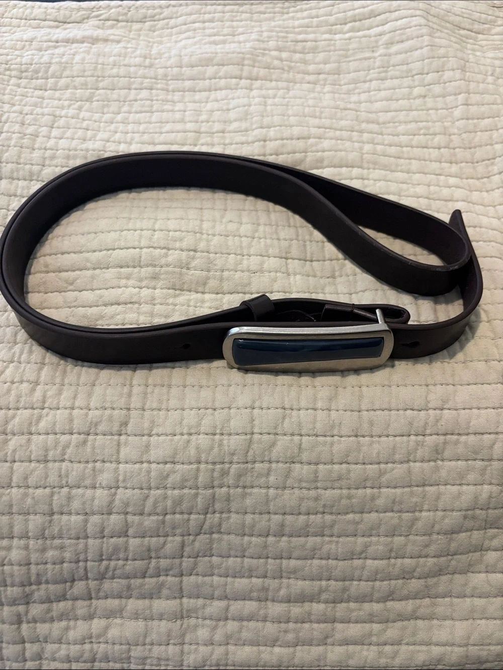 Cole Haan Black Leather Belt with Silver and Dark Blue Accent Buckle